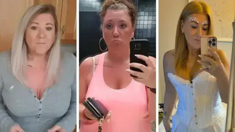 تنیا هال؛ سه تصویر از تنیا در مراحل مختلف کاهش وزن؛ در اولین تصویر در سمت چپ او پیراهن خاکستری به تن دارد، در تصویر میانی در باشگاه است، و در تصویر سوم وزن کم کرده و پیراهن سفید کرستدار به تن دارد و به دوربین لبخند میزند