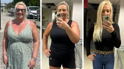 الن؛ سه تصویر کنار هم از مراحل مختلف کاهش وزن او. در تصویر سمت چپ، او بزرگتر است و لباس سبز به تن دارد؛ در تصویر میانی، او در سالن ورزش است؛ و در تصویر نهایی، او لاغر است و شلوار جین آبی و تاپ سیاه به تن دارد