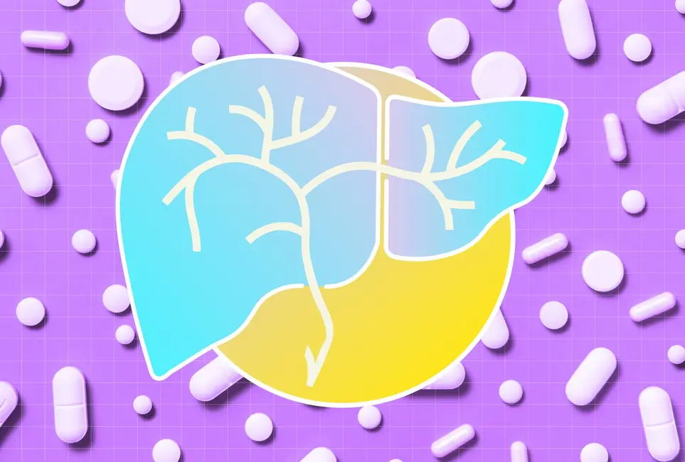 تصویری از کبد با خطوط عصب یا رگی که توسط کپسول‌ها و قرص‌های پراکنده احاطه شده است