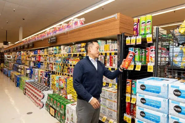 دیوید چیئو، دادستان شهر سانفرانسیسکو، در پایان راهرو نوشیدنیهای سرد سوپرمارکت، به ترکیبات یک قوطی پرینگلز نگاه میکند.